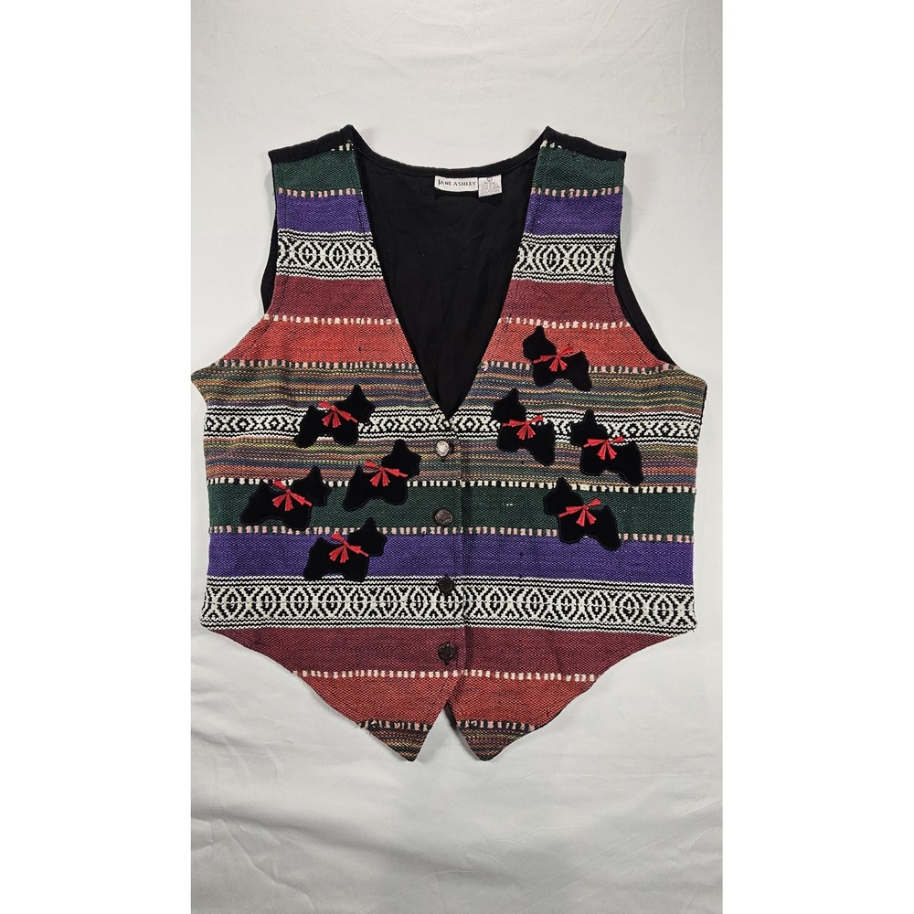 Jane Ashley Vest L 100% Cotton Scottie Dog Applique Southwestern Stripe Buttons